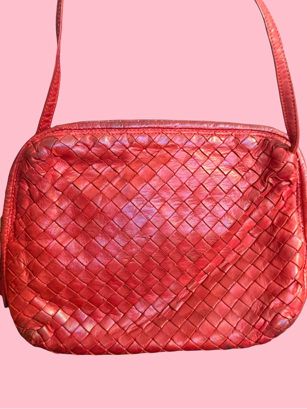 Vintage Bottega Veneta Red Intrecciato Leather Nodini Crossbody Bag